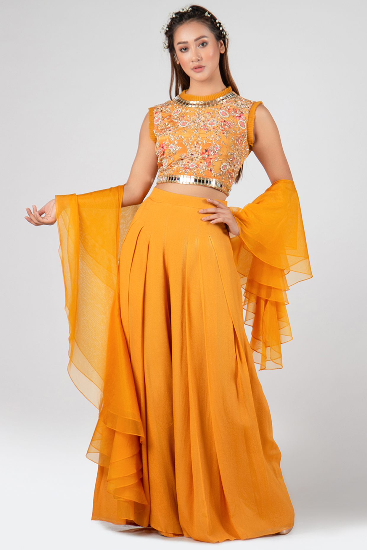 Mustard Crepe & Georgette Crepe Flared Pant Set by Suruchi Parakh at Pernia's Pop Up Shop