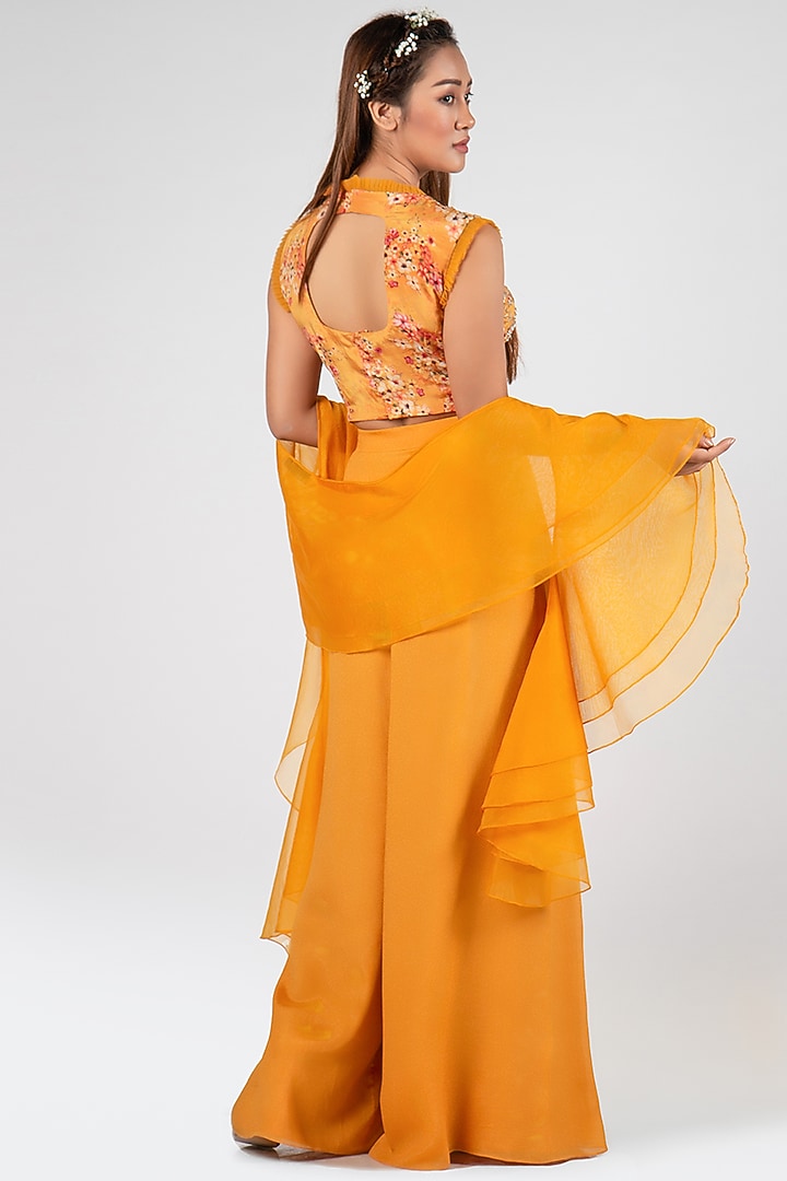 Mustard Crepe & Georgette Crepe Flared Pant Set by Suruchi Parakh at Pernia's Pop Up Shop