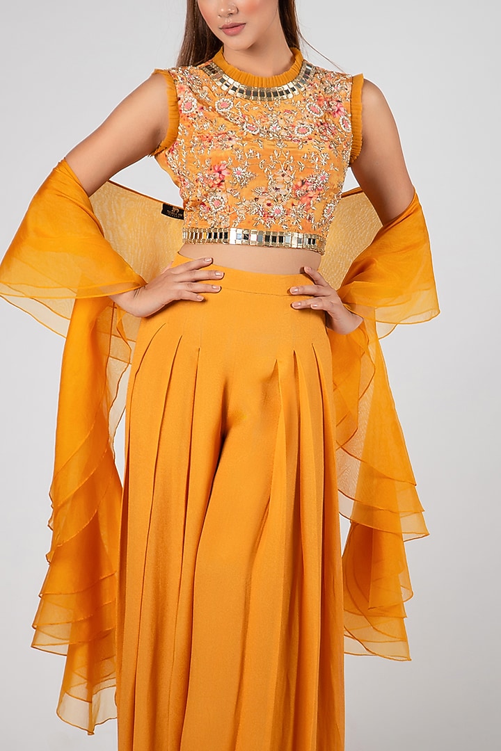 Mustard Crepe & Georgette Crepe Flared Pant Set by Suruchi Parakh at Pernia's Pop Up Shop