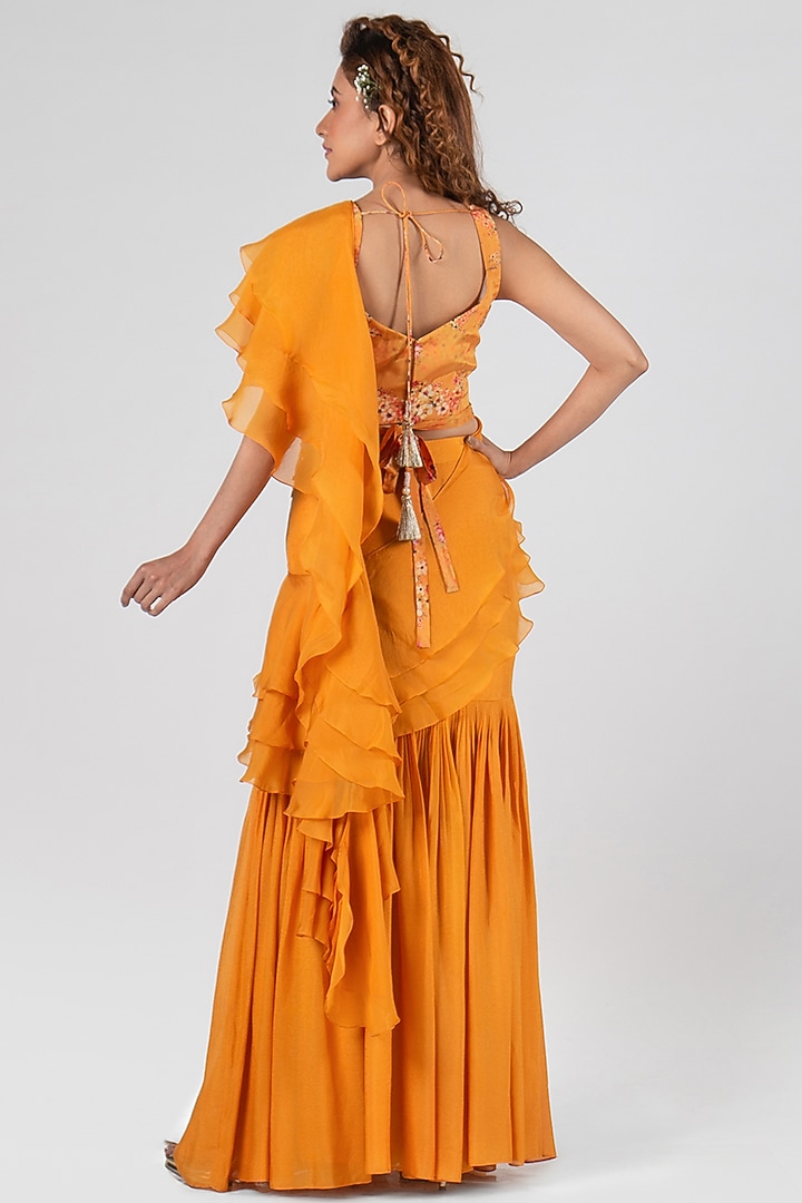 Mustard Crepe & Georgette Ruffled Pre-Draped Pant Wedding Saree Set by Suruchi Parakh at Pernia's Pop Up Shop