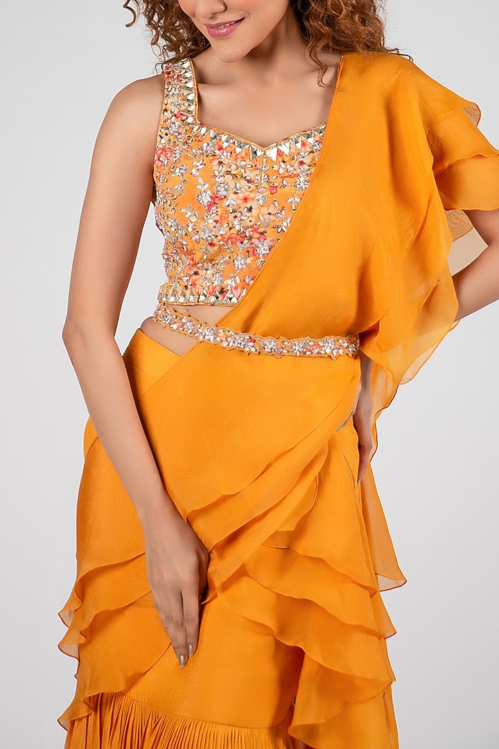 Mustard Crepe & Georgette Ruffled Pre-Draped Pant Wedding Saree Set by Suruchi Parakh at Pernia's Pop Up Shop