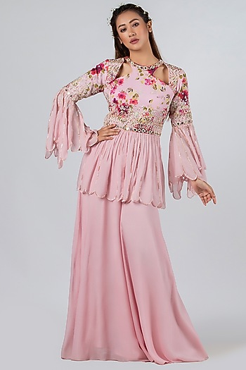 Light Pink Georgette Crepe Flared Pant Set by Suruchi Parakh at Pernia's Pop Up Shop