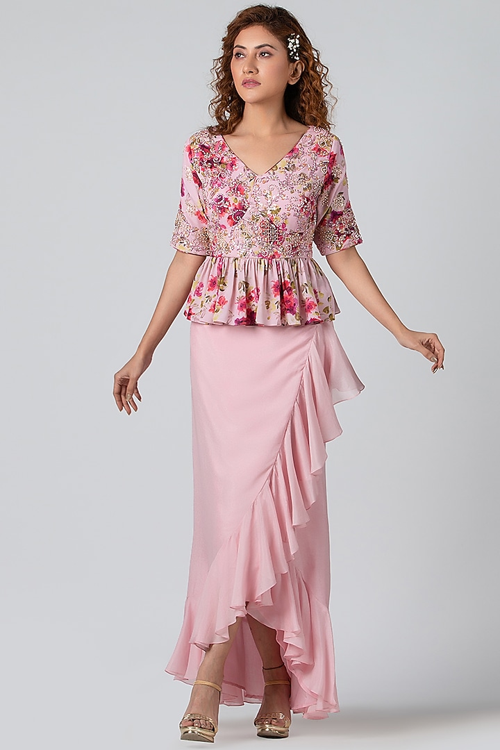 Light Pink High-Low Draped Skirt Set by Suruchi Parakh