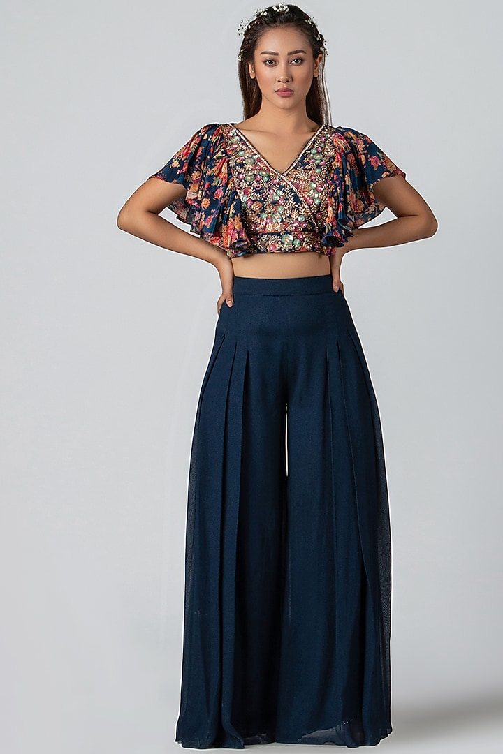 Dark Navy Blue Georgette Crepe Pleated Flared Pant Set by Suruchi Parakh at Pernia's Pop Up Shop
