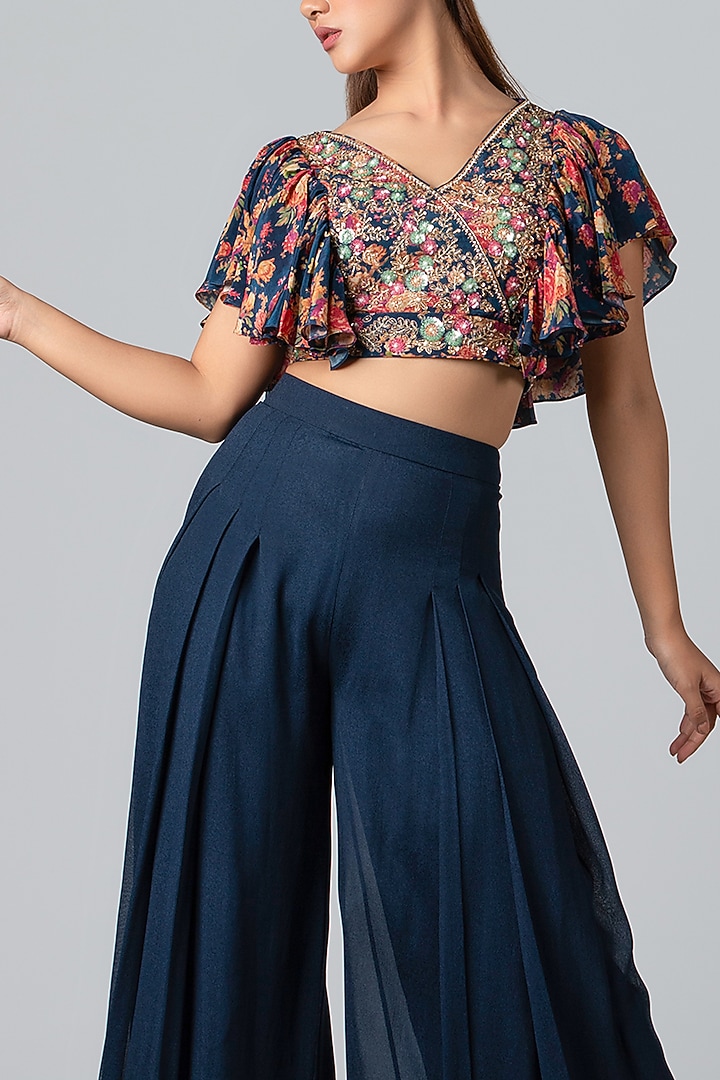 Dark Navy Blue Georgette Crepe Pleated Flared Pant Set by Suruchi Parakh at Pernia's Pop Up Shop
