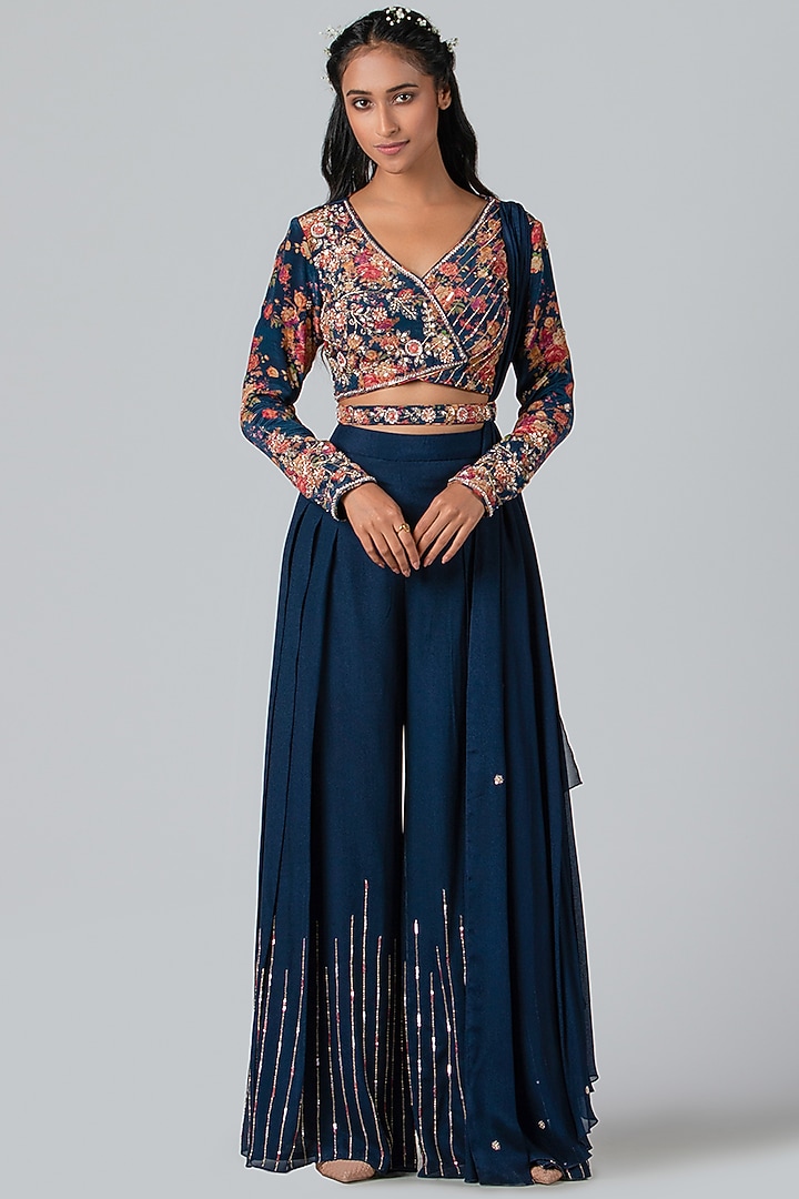 Dark Navy Blue Hand Embroidered Flared Pant Set by Suruchi Parakh at Pernia's Pop Up Shop