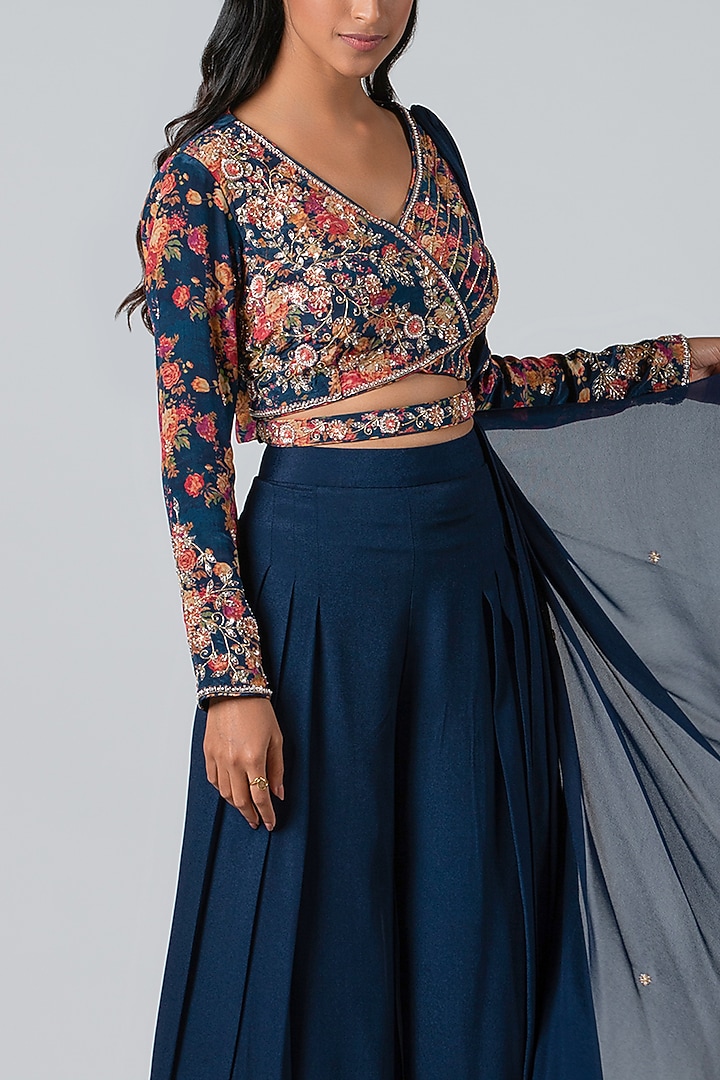 Dark Navy Blue Hand Embroidered Flared Pant Set by Suruchi Parakh at Pernia's Pop Up Shop