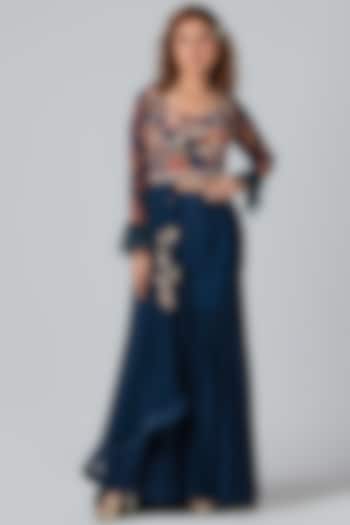 Dark Navy Blue Georgette Crepe Fish-Cut Skirt Set by Suruchi Parakh at Pernia's Pop Up Shop