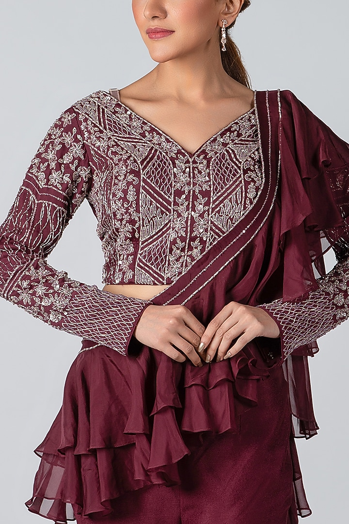 Taupe Georgette Crepe Flared Sharara Wedding Saree Set by Suruchi Parakh at Pernia's Pop Up Shop