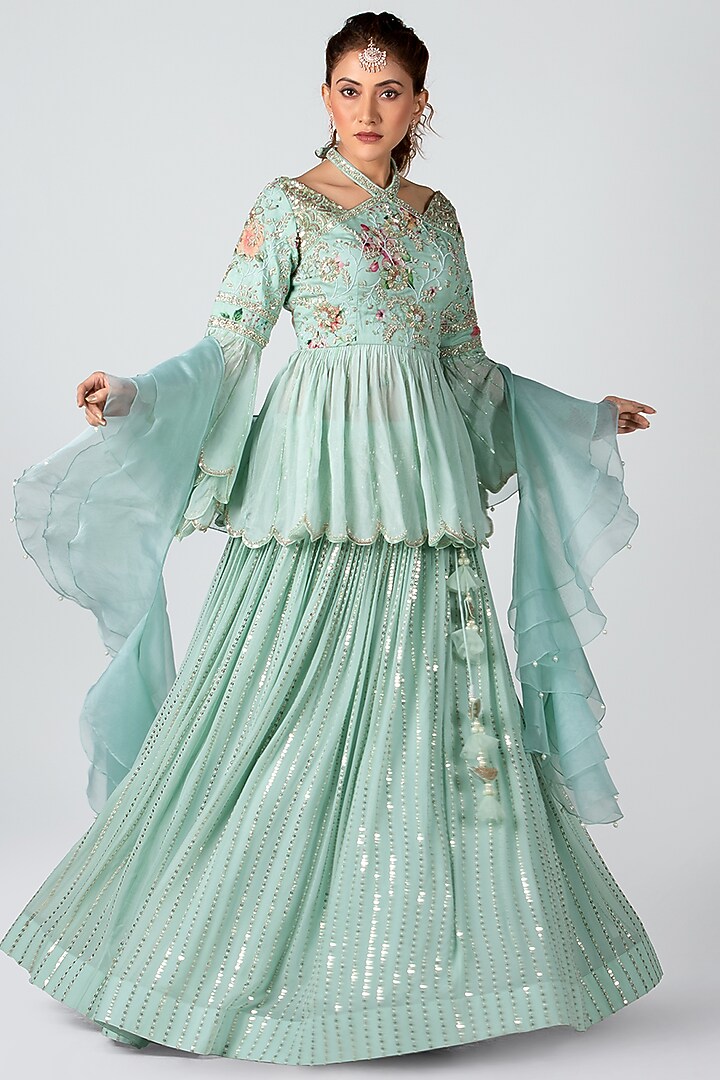 Sea-Green Organza & Georgette Skirt Set by Suruchi Parakh at Pernia's Pop Up Shop