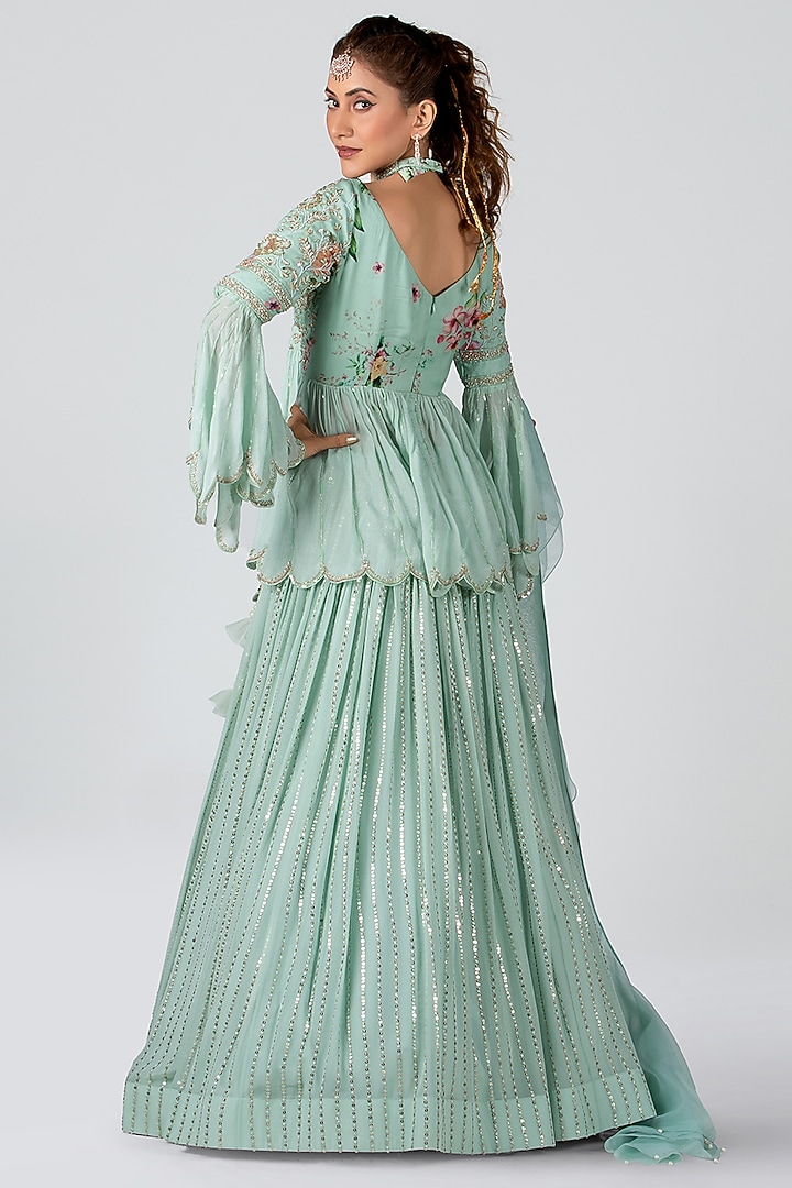 Sea-Green Organza & Georgette Skirt Set by Suruchi Parakh at Pernia's Pop Up Shop