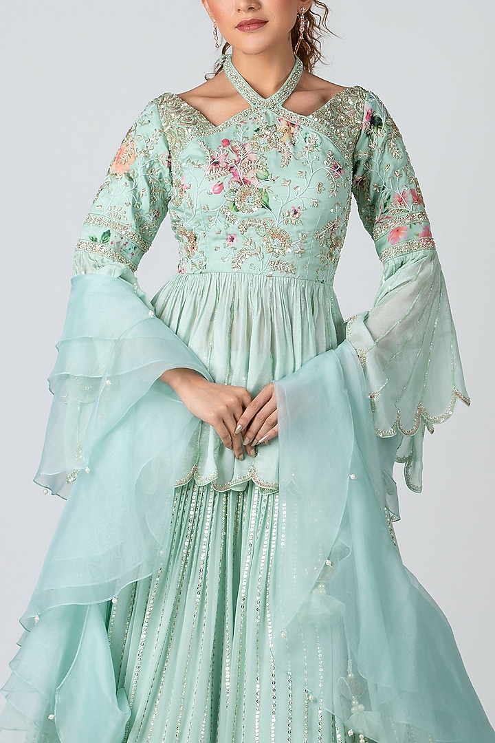 Sea-Green Organza & Georgette Skirt Set by Suruchi Parakh at Pernia's Pop Up Shop