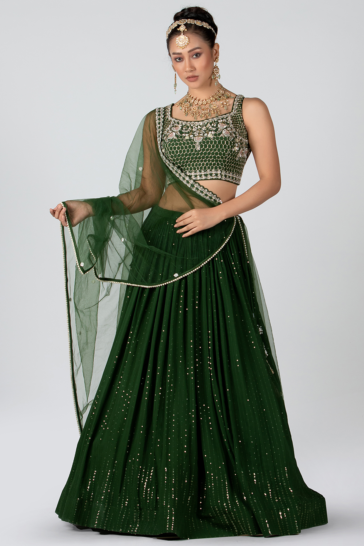 Forest Green Georgette & Net Wedding Lehenga Set by Suruchi Parakh at Pernia's Pop Up Shop