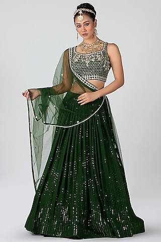 Forest Green Georgette & Net Lehenga Set by Suruchi Parakh