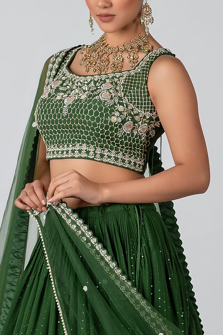 Forest Green Georgette & Net Wedding Lehenga Set by Suruchi Parakh at Pernia's Pop Up Shop