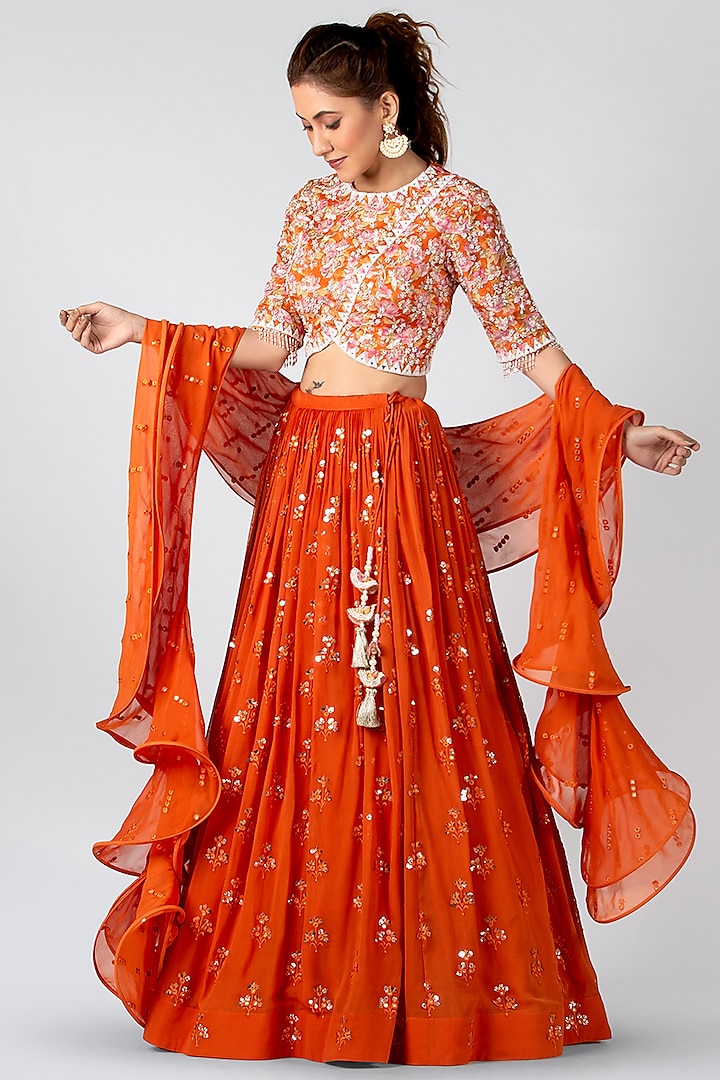 Deep Orange Embroidered Pleated Skirt Set by Suruchi Parakh