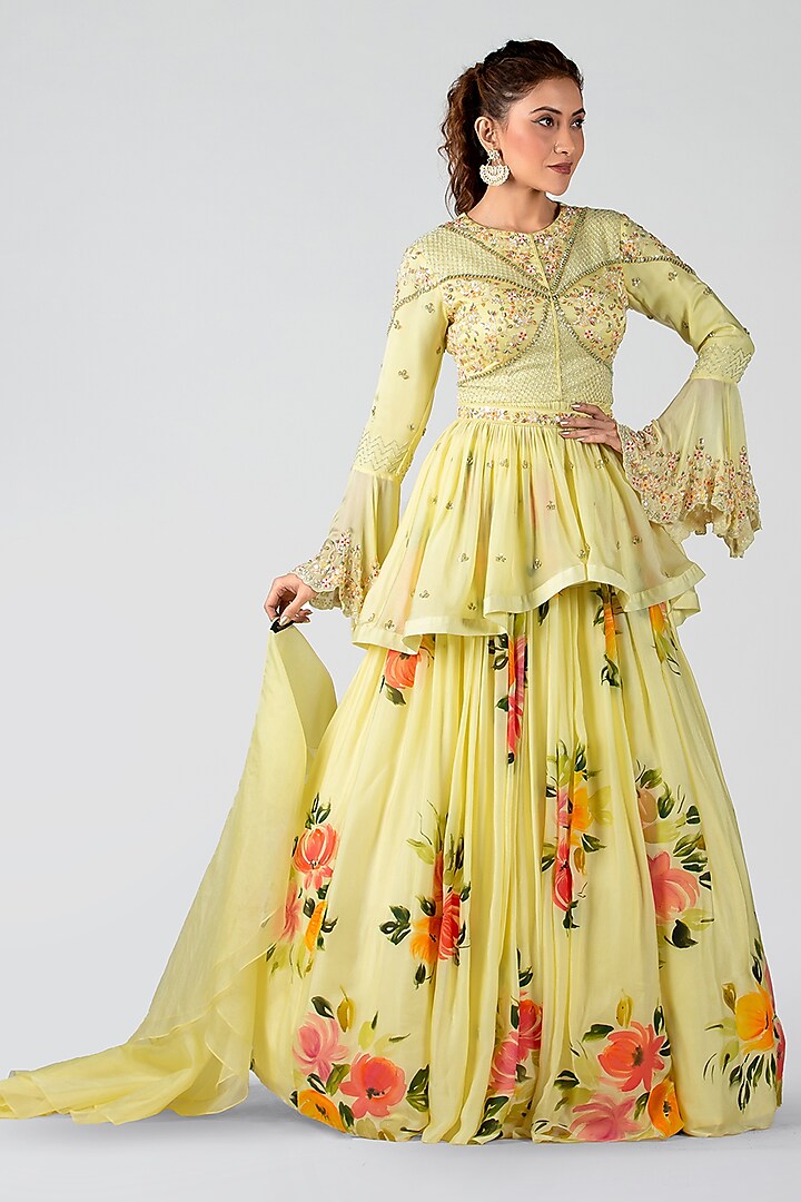 Pastel Yellow Hand-Painted Pleated Skirt Set by Suruchi Parakh