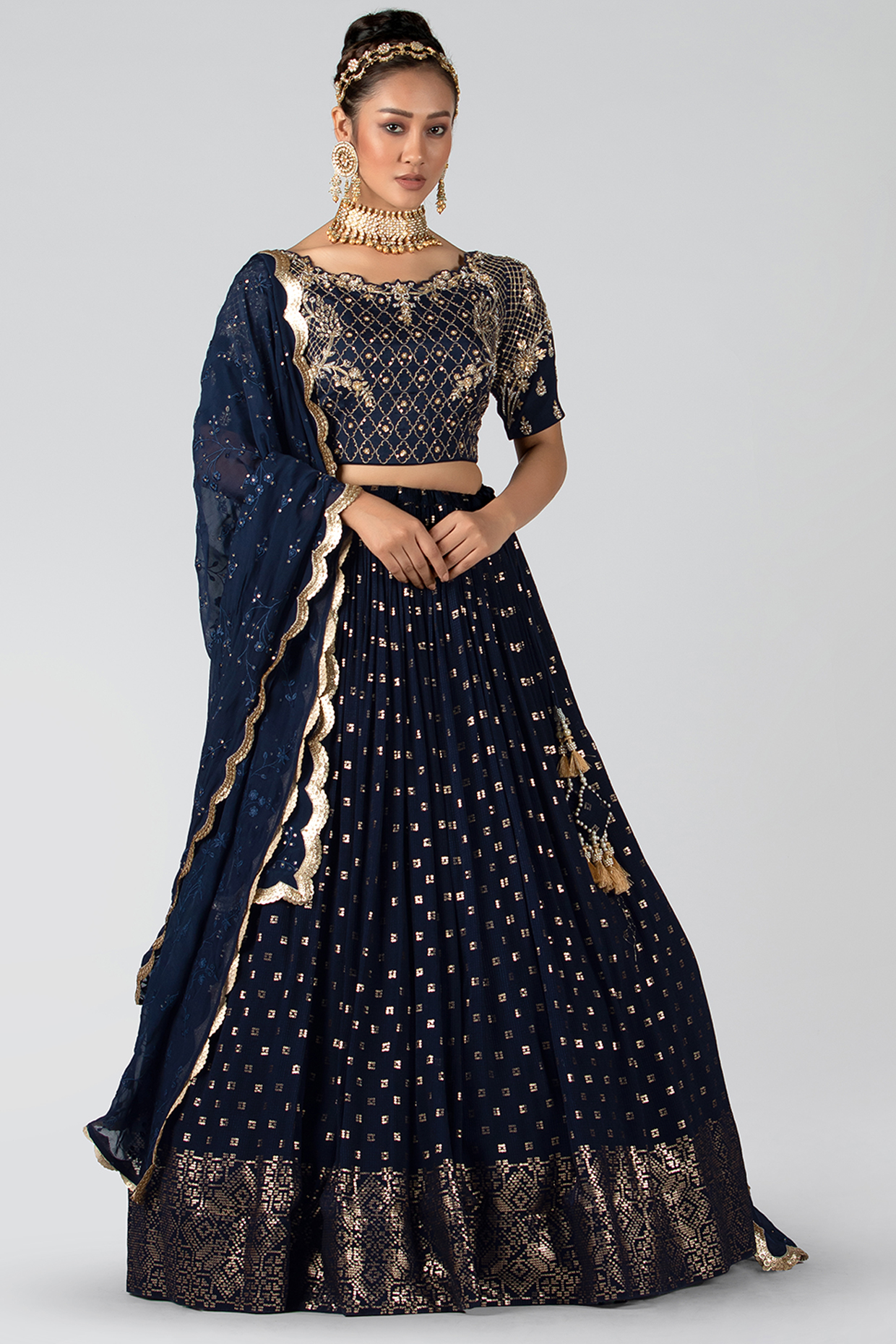 Dark Navy Blue Embroidered Skirt Set by Suruchi Parakh