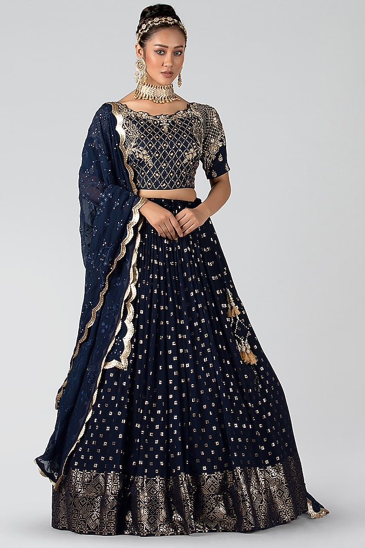 Dark Navy Blue Embroidered Skirt Set by Suruchi Parakh