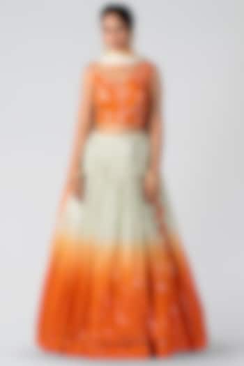Blaze Orange & Sea-Green Pleated Skirt Set by Suruchi Parakh