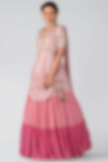 Blush Pink Georgette Crepe Layered Lehenga Set by Suruchi Parakh