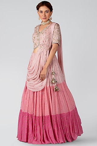 Blush Pink Georgette Crepe Layered Lehenga Set by Suruchi Parakh