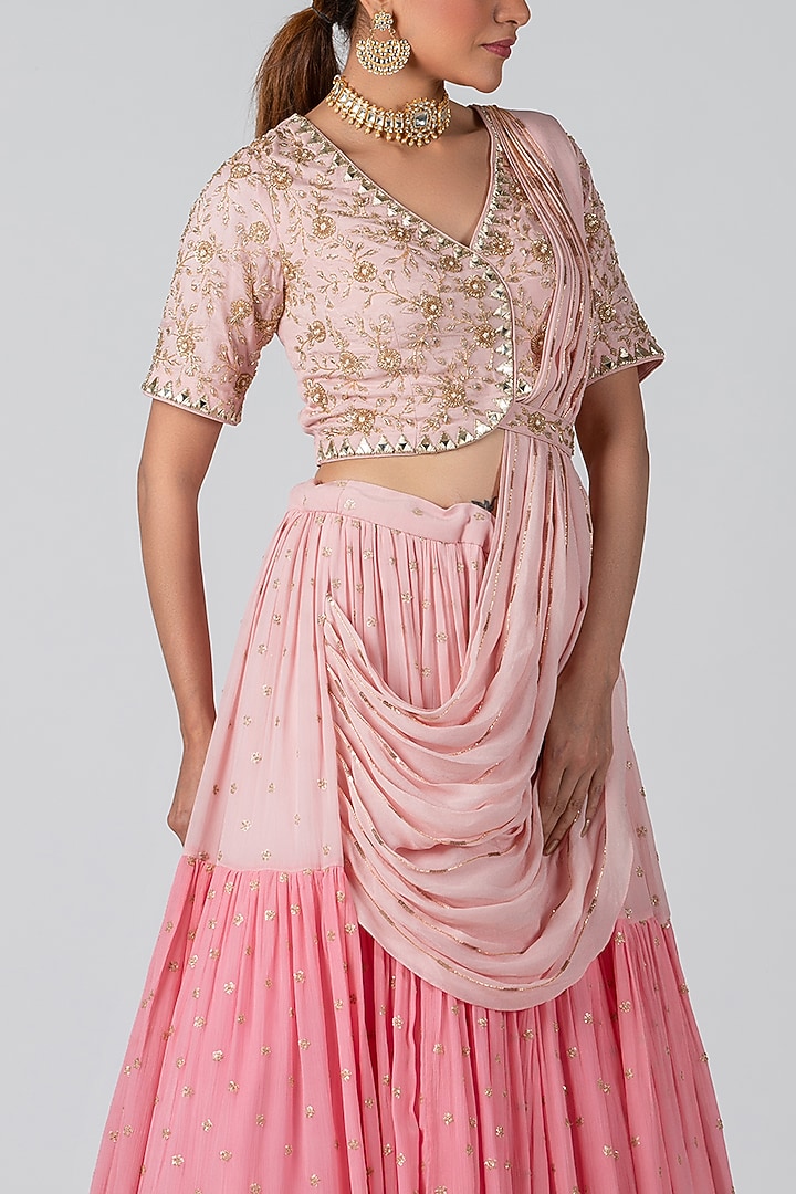 Blush Pink Georgette Crepe Layered Wedding Lehenga Set by Suruchi Parakh at Pernia's Pop Up Shop