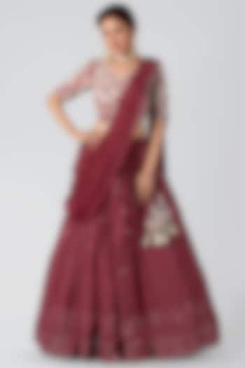 Dark Mauve Georgette & Crepe Pleated Skirt Set by Suruchi Parakh at Pernia's Pop Up Shop