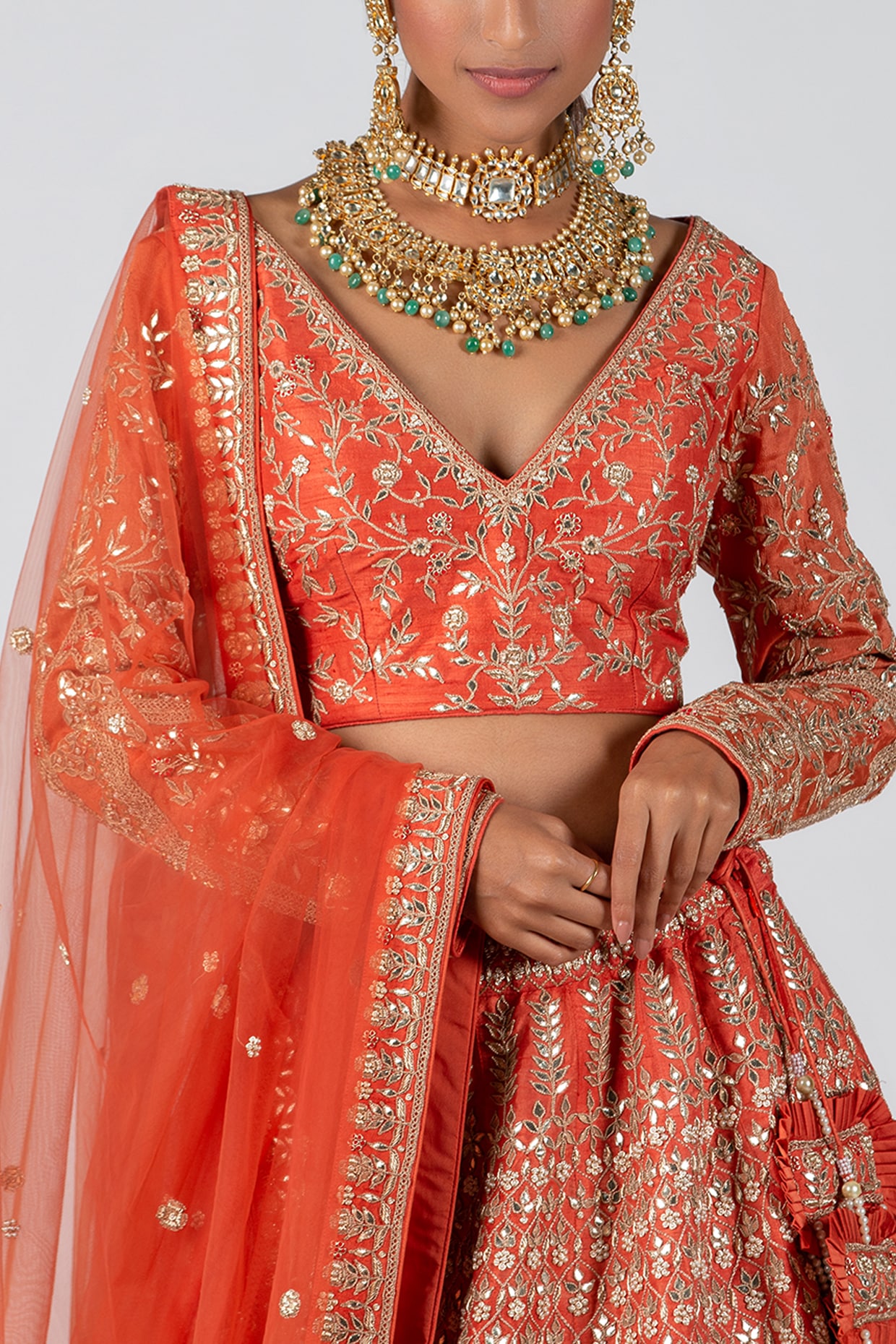 Buy Orange Mirror Work Rajwai Silk Lehenga Choli Online