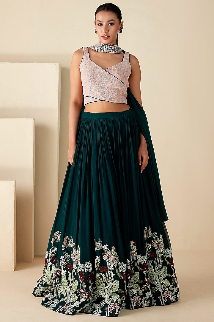 Green Georgette Thread Work Pleated Wedding Lehenga Set by Suruchi Parakh at Pernia's Pop Up Shop