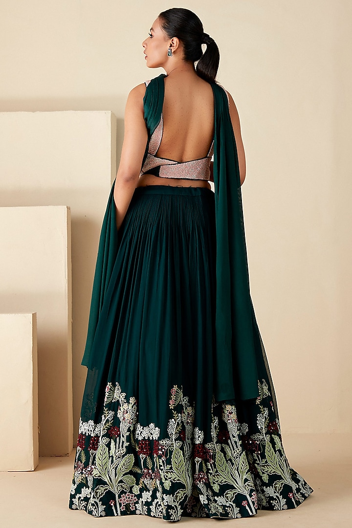 Green Georgette Thread Work Pleated Wedding Lehenga Set by Suruchi Parakh at Pernia's Pop Up Shop