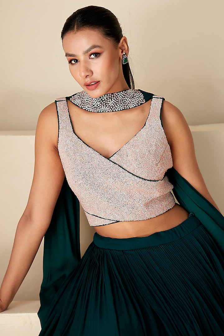 Green Georgette Thread Work Pleated Wedding Lehenga Set by Suruchi Parakh at Pernia's Pop Up Shop