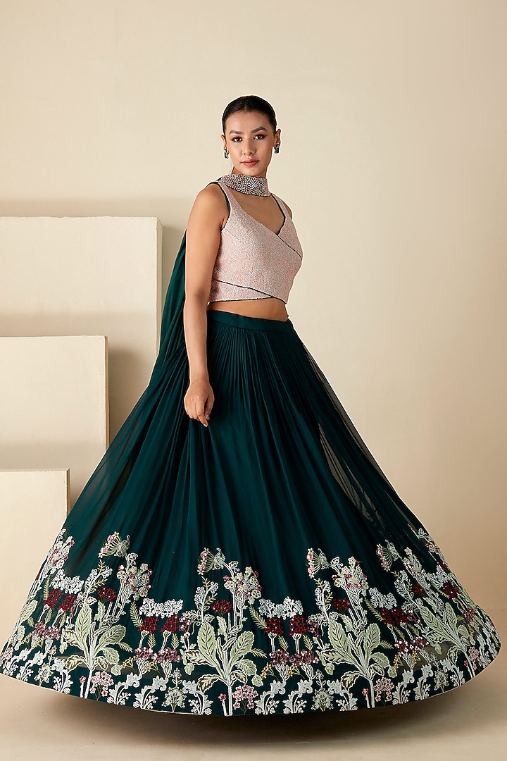 Green Georgette Thread Work Pleated Wedding Lehenga Set by Suruchi Parakh at Pernia's Pop Up Shop