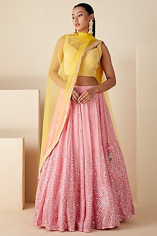 Pink Net & Georgette Sequins Mirror Work Lehenga Set by Suruchi Parakh
