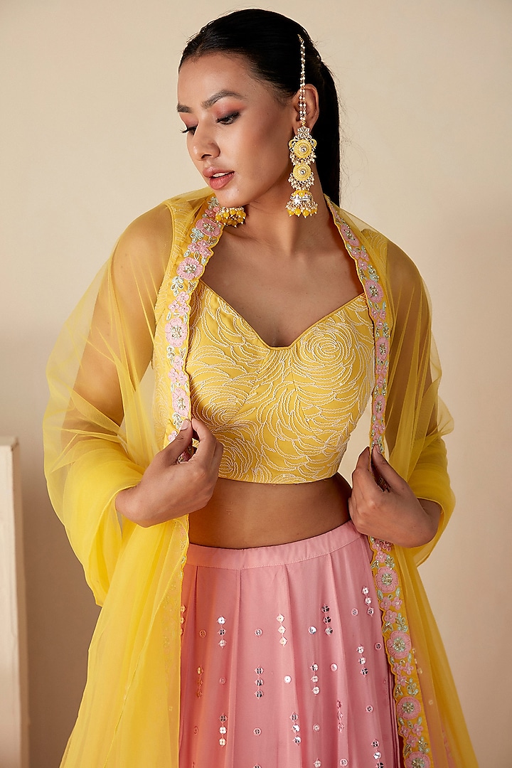 Pink Net & Georgette Sequins Mirror Work Wedding Lehenga Set by Suruchi Parakh at Pernia's Pop Up Shop