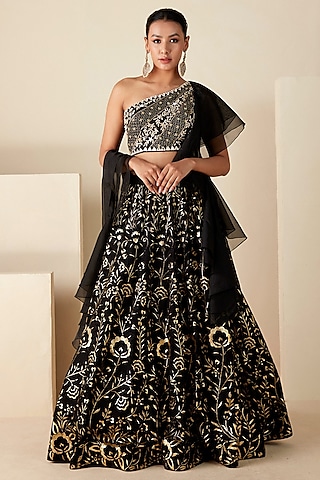 Black Organza & Georgette Thread Work Lehenga Set by Suruchi Parakh