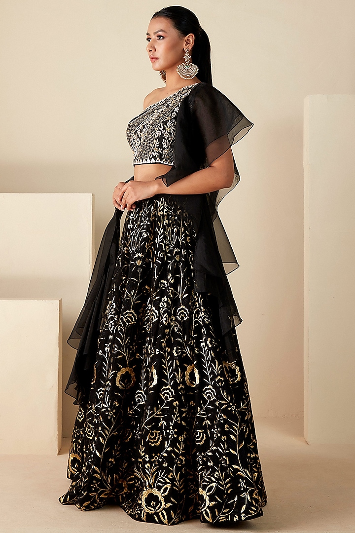Black Organza & Georgette Thread Work Wedding Lehenga Set by Suruchi Parakh at Pernia's Pop Up Shop