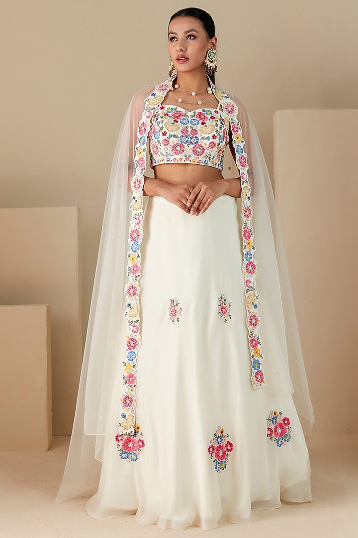 Off-White Georgette Crepe & Organza Thread Embroidered Wedding Lehenga Set by Suruchi Parakh at Pernia's Pop Up Shop