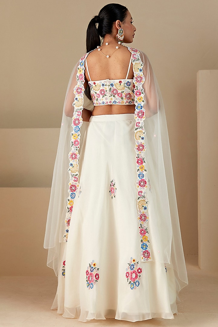 Off-White Georgette Crepe & Organza Thread Embroidered Wedding Lehenga Set by Suruchi Parakh at Pernia's Pop Up Shop