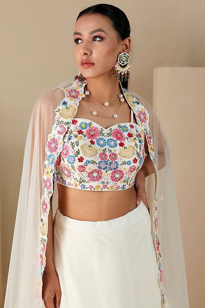Off-White Georgette Crepe & Organza Thread Embroidered Wedding Lehenga Set by Suruchi Parakh at Pernia's Pop Up Shop