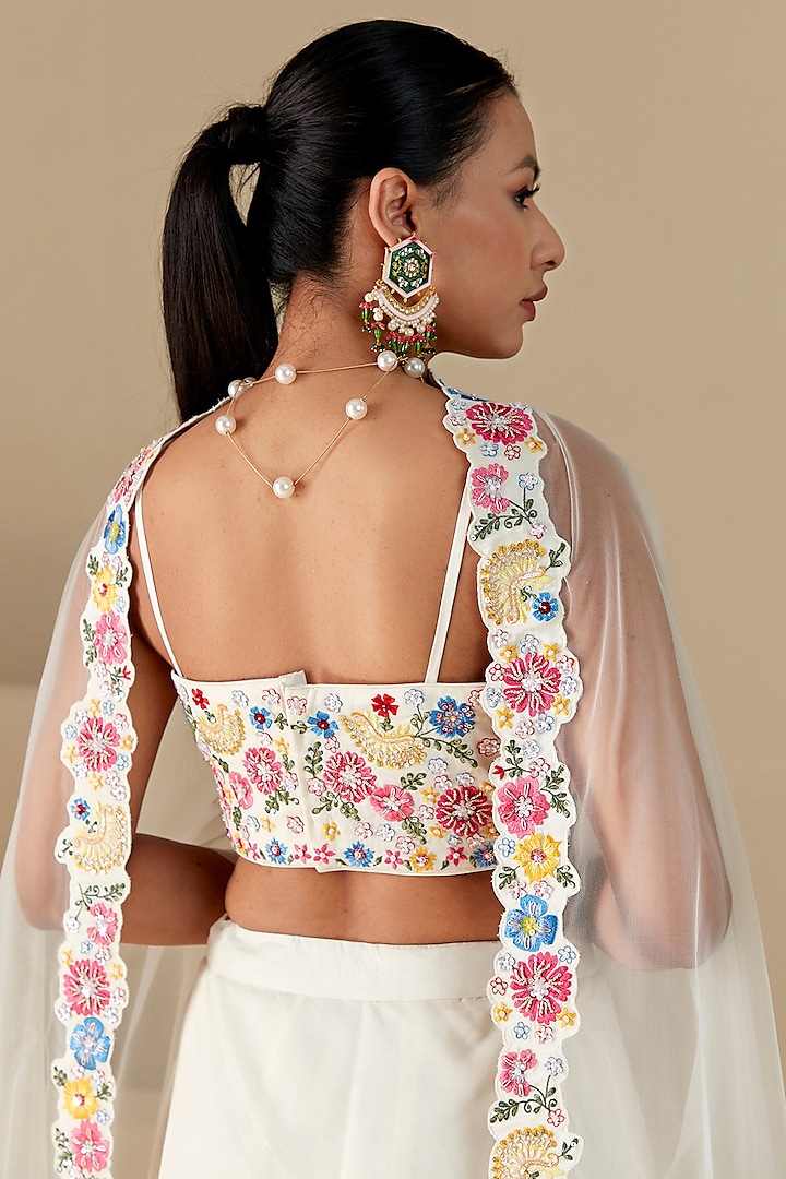 Off-White Georgette Crepe & Organza Thread Embroidered Wedding Lehenga Set by Suruchi Parakh at Pernia's Pop Up Shop