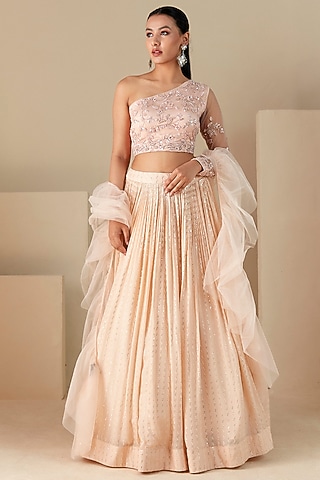 Peach Georgette Crepe & Net Pleated Lehenga Set by Suruchi Parakh