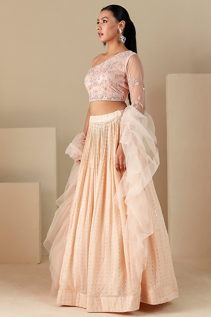 Peach Georgette Crepe & Net Pleated Wedding Lehenga Set by Suruchi Parakh at Pernia's Pop Up Shop