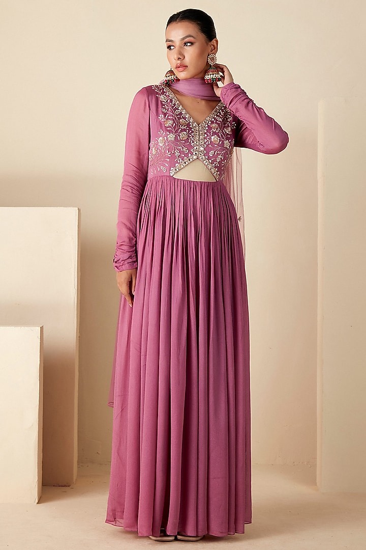 Mauve Georgette Crepe Hand Embroidered Anarkali Set by Suruchi Parakh at Pernia's Pop Up Shop