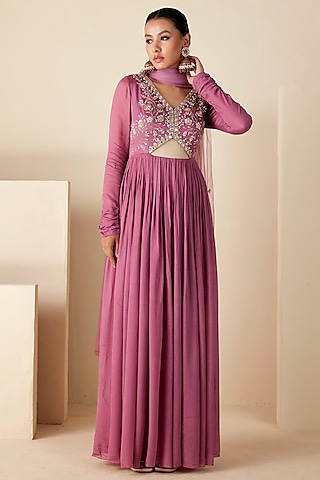 Mauve Georgette Crepe Hand Embroidered Anarkali Set by Suruchi Parakh