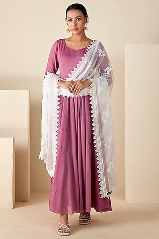 Mauve Georgette Crepe & Soft Organza Anarkali Set by Suruchi Parakh