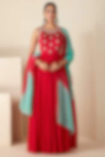 Red Georgette Crepe Embroidered Pleated Anarkali Set by Suruchi Parakh at Pernia's Pop Up Shop