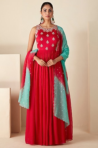 Red Georgette Crepe Embroidered Pleated Anarkali Set by Suruchi Parakh