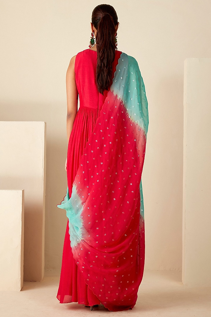 Red Georgette Crepe Embroidered Pleated Party Wear Anarkali Set by Suruchi Parakh at Pernia's Pop Up Shop