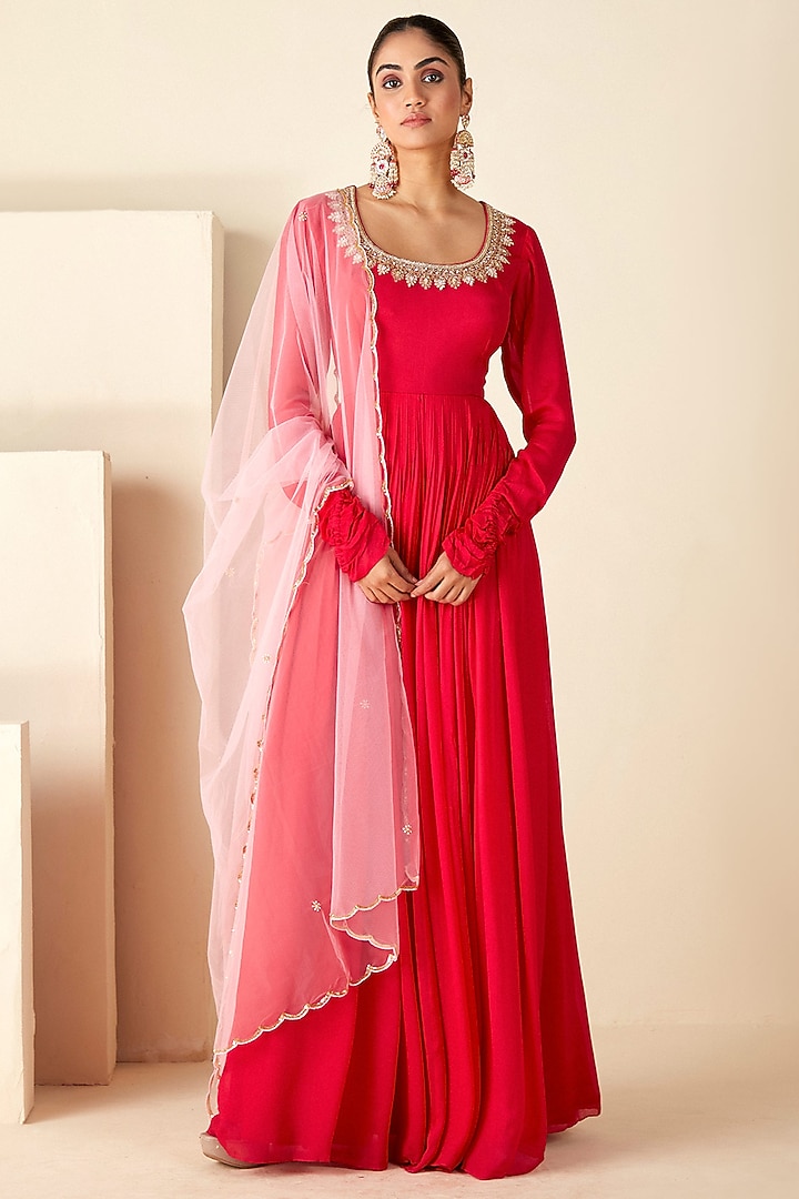 Red Georgette Crepe & Net Zardosi Embroidered Pleated Party Wear Anarkali Set by Suruchi Parakh at Pernia's Pop Up Shop